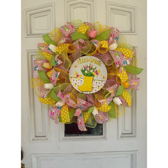 Hello Spring Flowers Butterfly Ribbon Deco Mesh Spring Summer Wreath - Picture 1 of 8